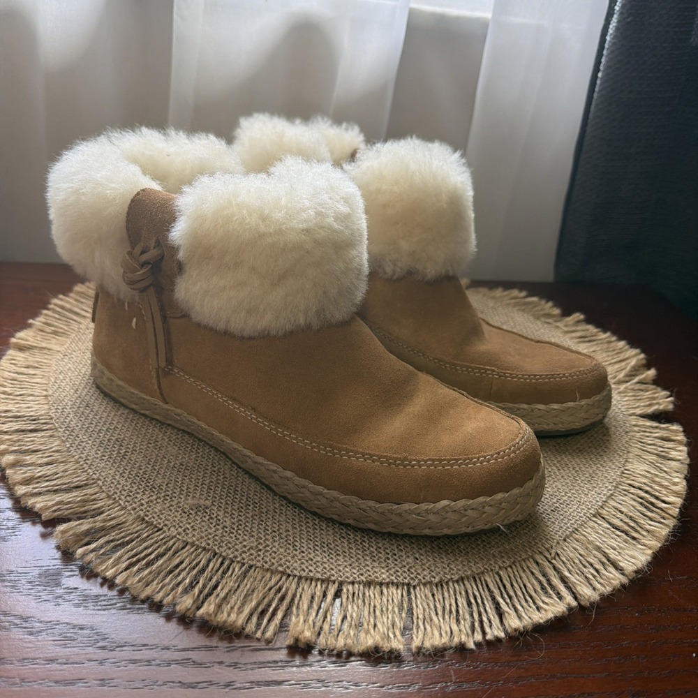 UGG Elowen Boots Womens Size 6 Chestnut Shearling Suede Ankle Zip Braided Sole